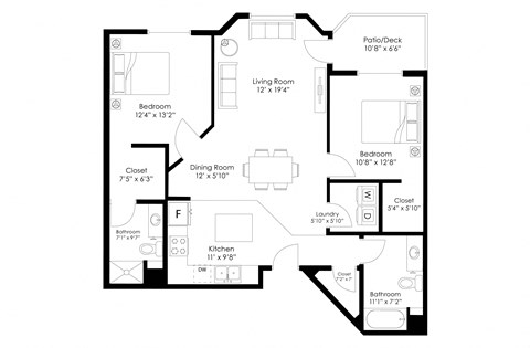 Floor plan for 2 beds, 2 baths, 1100 sqft